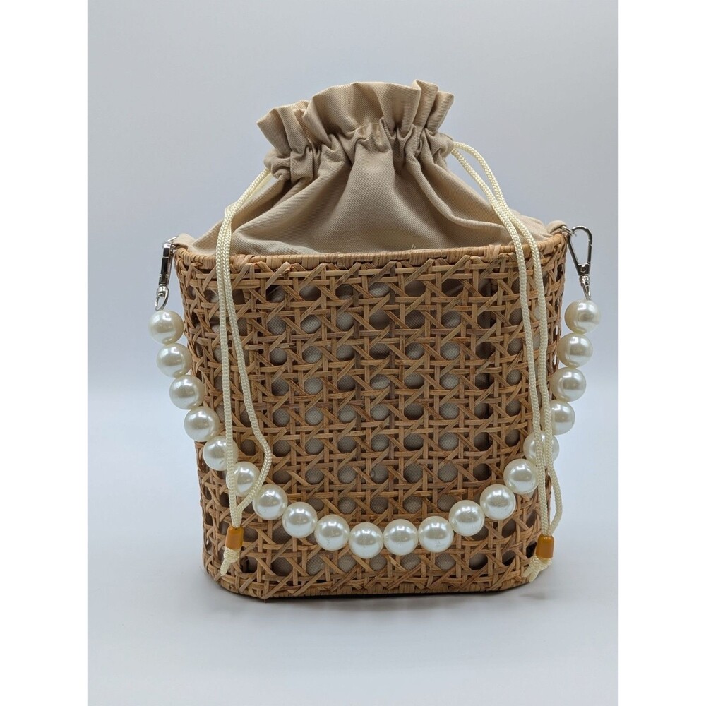 Rattan Woven 7.25” Women’s Handbag Handcrafted Clutch Pearl Handle